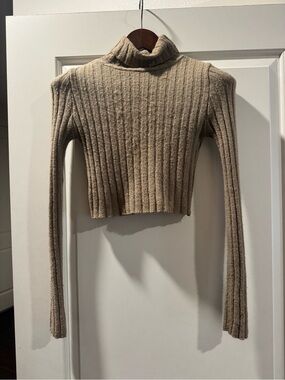 Women's Cropped Ribbed Turtleneck Sweater - Beige